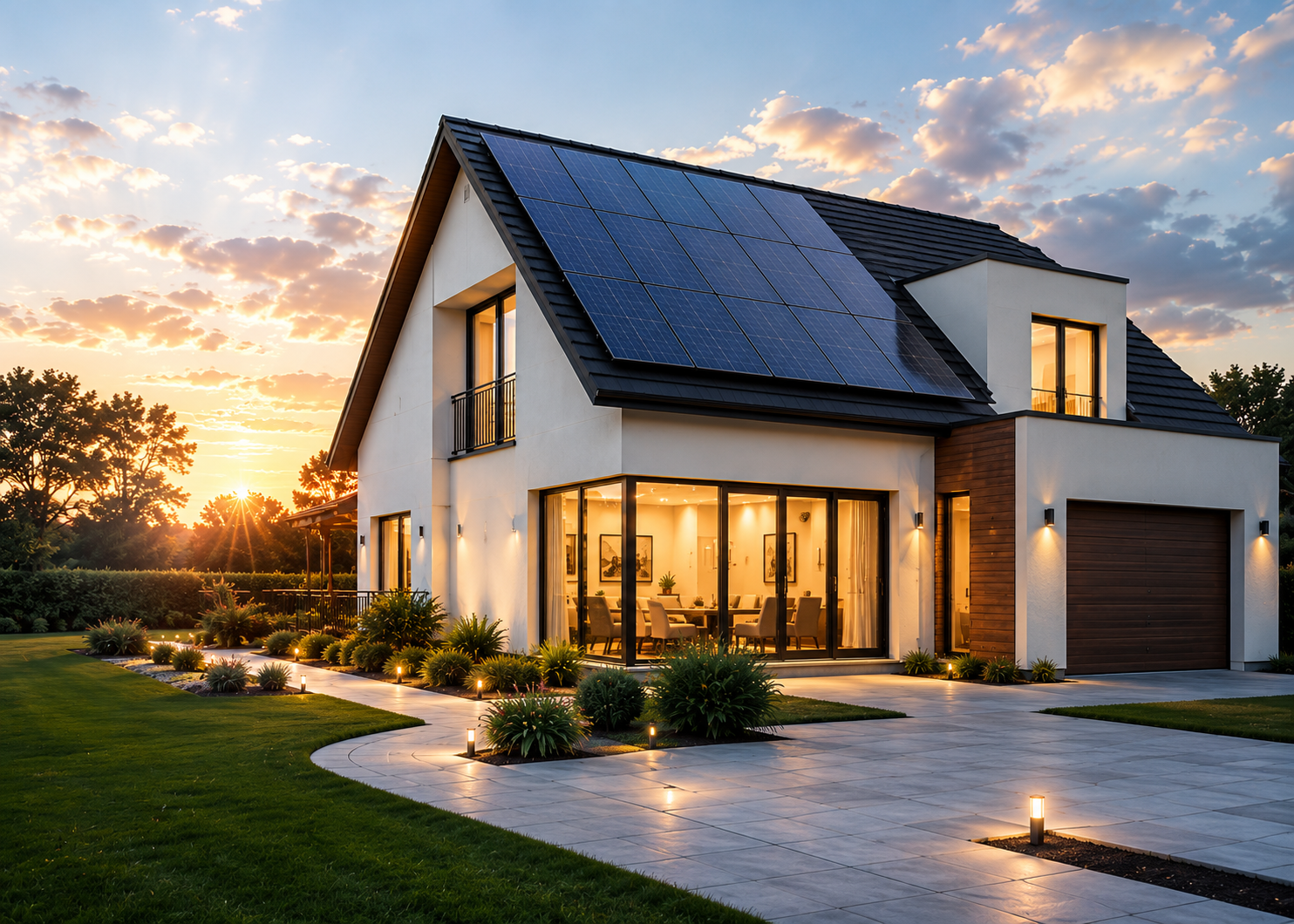 Modern home with rooftop solar panels at sunset